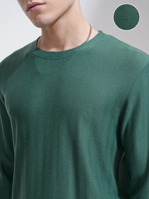 Highlander Men Teal Self Design Round Neck Relaxed Fit T-Shirt