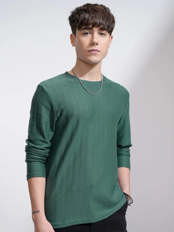 Highlander Men Teal Self Design Round Neck Relaxed Fit T-Shirt
