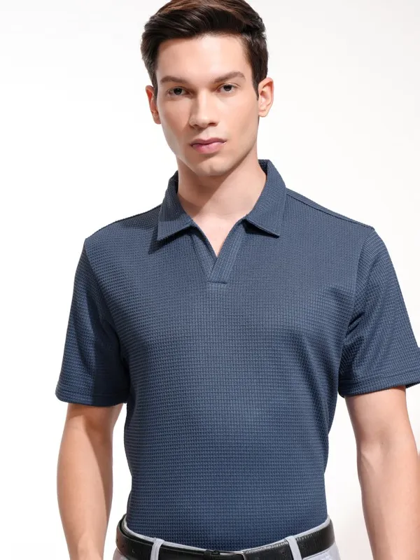 Highlander Men Blue Self Design Polo Collar T-Shirt