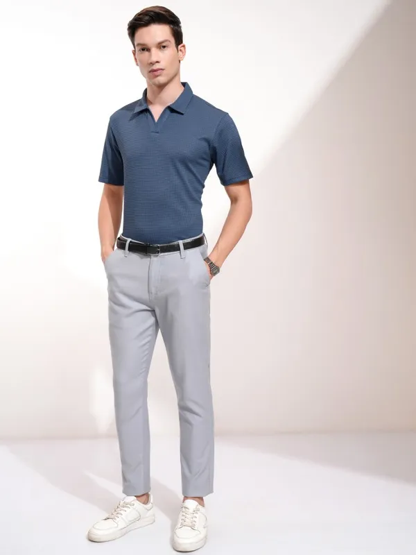 Highlander Men Blue Self Design Polo Collar T-Shirt