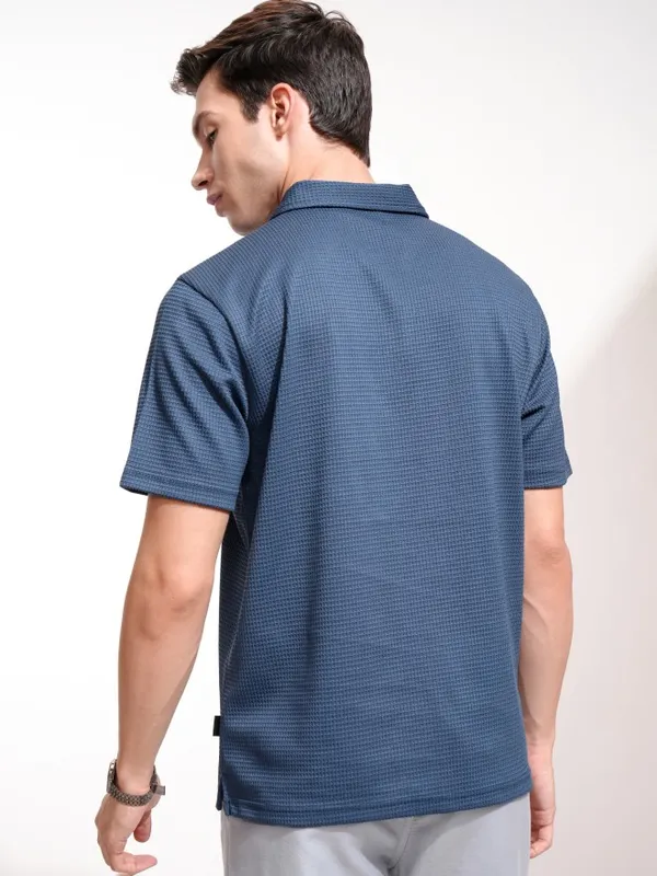 Highlander Men Blue Self Design Polo Collar T-Shirt