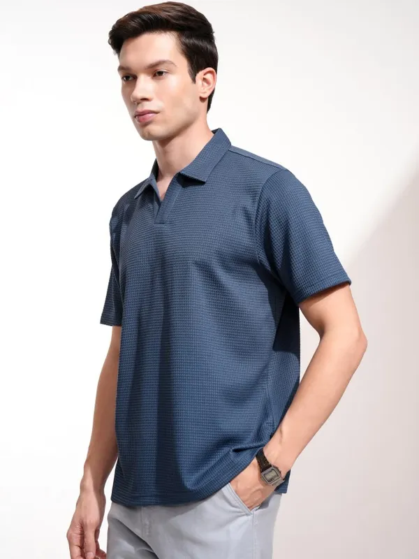 Highlander Men Blue Self Design Polo Collar T-Shirt