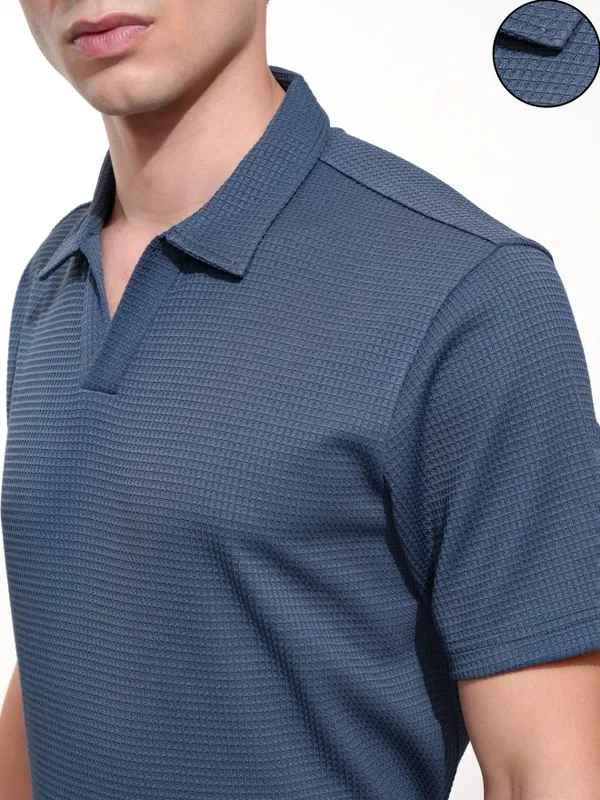 Highlander Men Blue Self Design Polo Collar T-Shirt