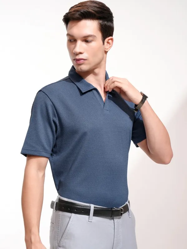 Highlander Men Blue Self Design Polo Collar T-Shirt