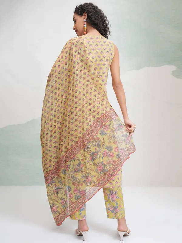 Vishudh Women Yellow Printed Kurta With Trousers And Dupatta