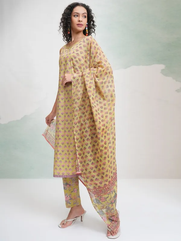 Vishudh Women Yellow Printed Kurta With Trousers And Dupatta