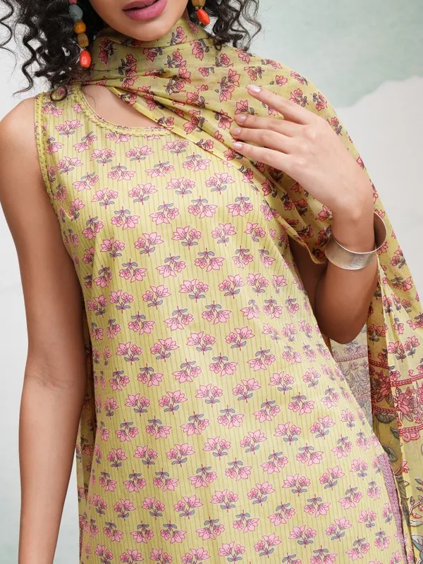 Vishudh Women Yellow Printed Kurta With Trousers And Dupatta