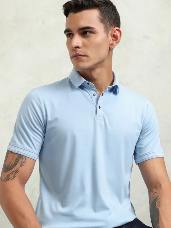 Highlander Men Solid Self Design Polo Collar T-Shirt