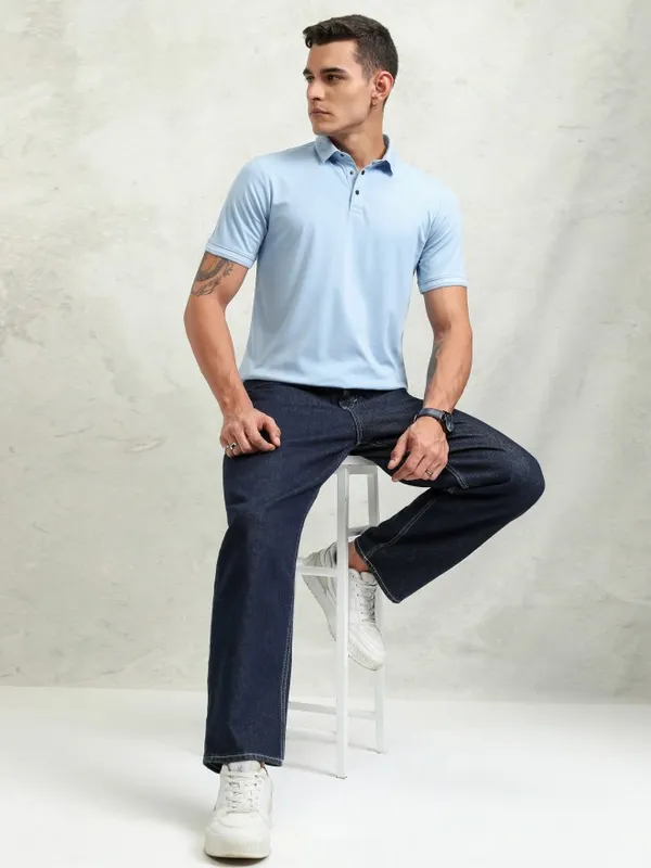 Highlander Men Solid Self Design Polo Collar T-Shirt
