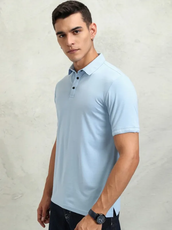 Highlander Men Solid Self Design Polo Collar T-Shirt