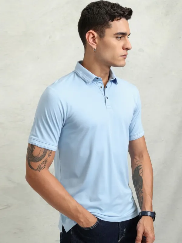 Highlander Men Solid Self Design Polo Collar T-Shirt