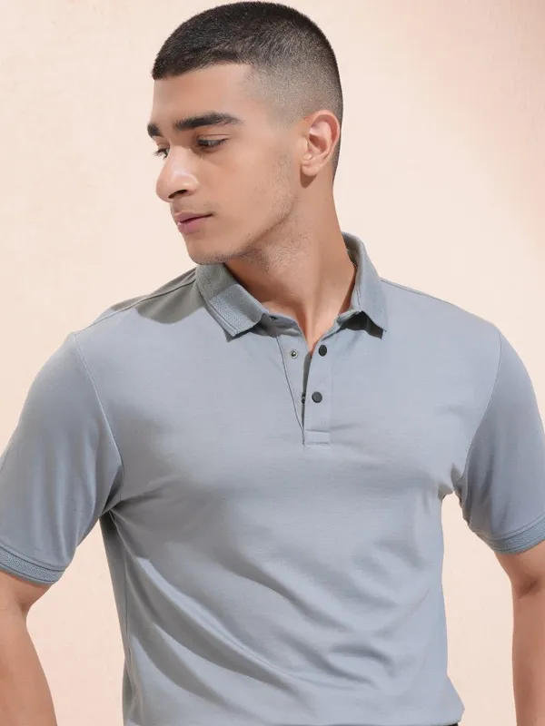 Highlander Men Grey Self Design Polo Collar T-Shirt