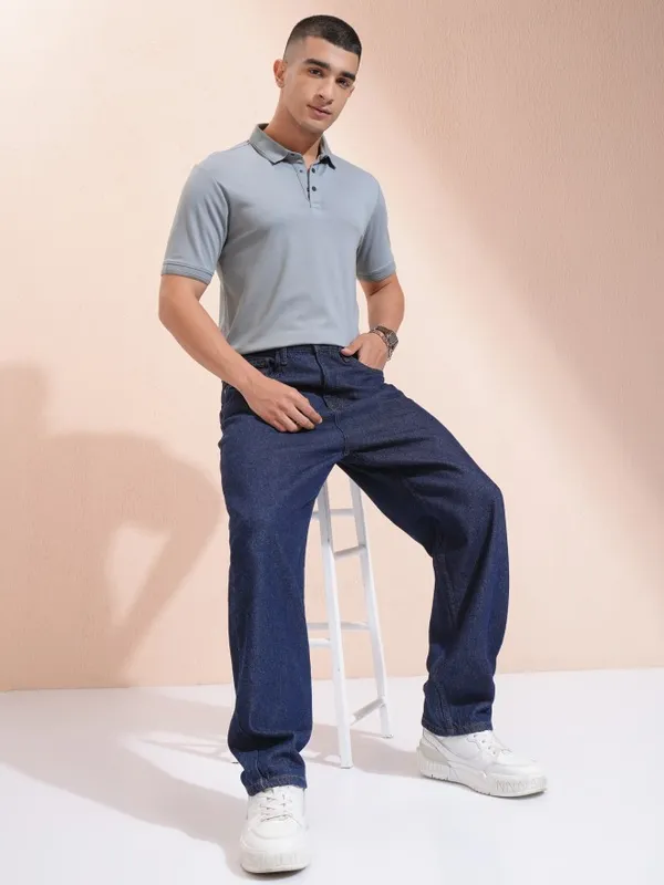 Highlander Men Grey Self Design Polo Collar T-Shirt