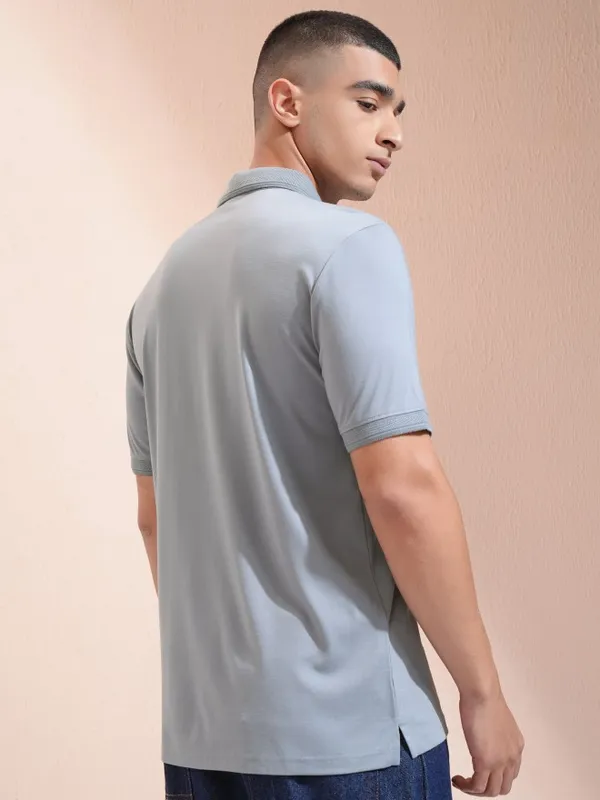 Highlander Men Grey Self Design Polo Collar T-Shirt
