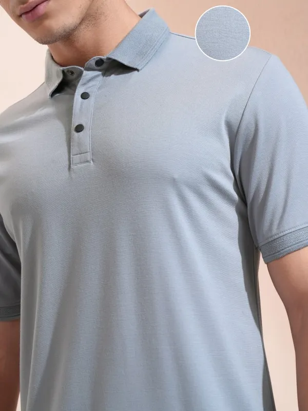 Highlander Men Grey Self Design Polo Collar T-Shirt