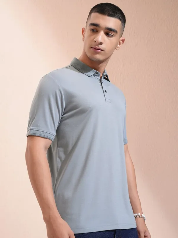 Highlander Men Grey Self Design Polo Collar T-Shirt