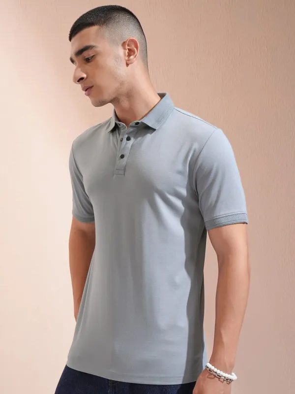 Highlander Men Grey Self Design Polo Collar T-Shirt