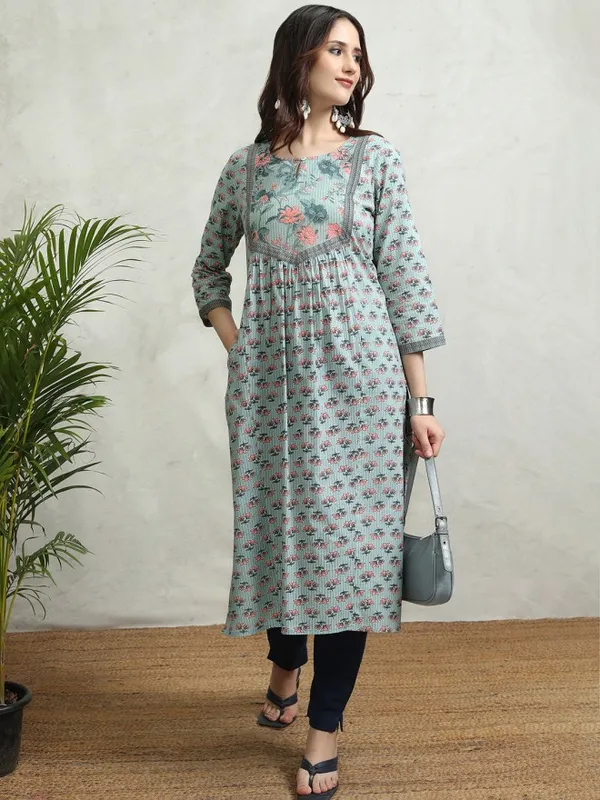 Vishudh Women Teal Printed Straight Kurta