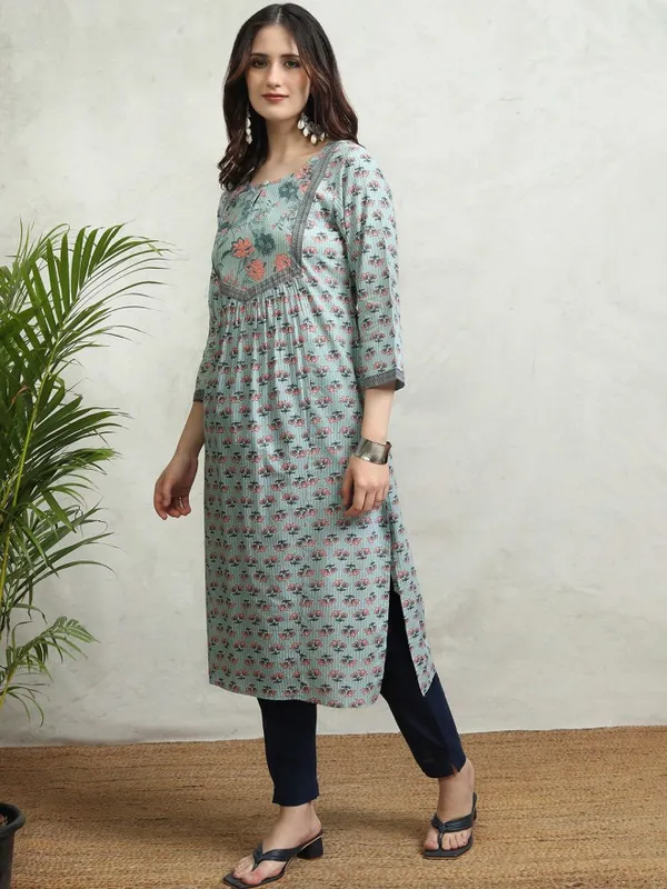 Vishudh Women Teal Printed Straight Kurta