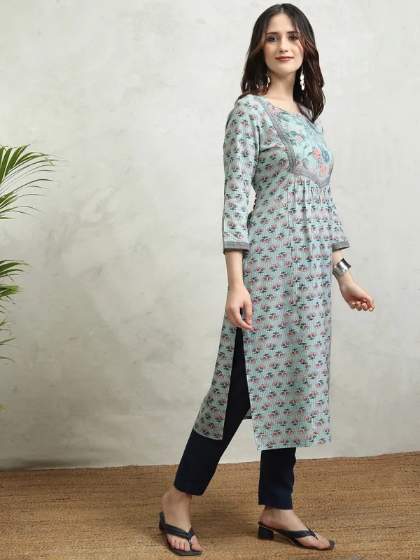 Vishudh Women Teal Printed Straight Kurta