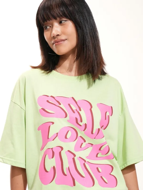Tokyo Talkies Women Green Printed Round Neck Oversized Fit T-Shirt