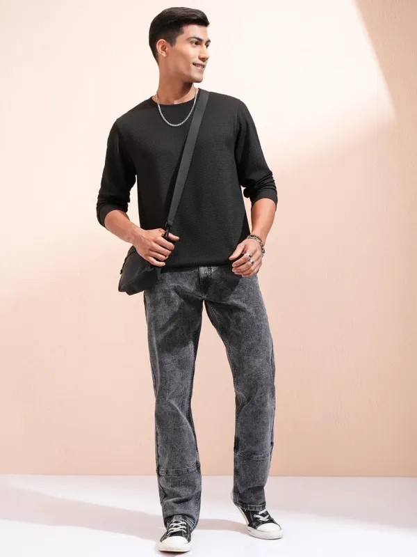 Highlander Men Black Self Design Relaxed Fit T-Shirt
