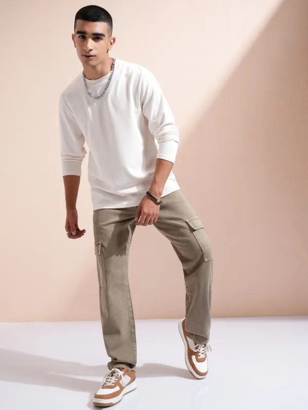 Men Off White Self Design Round Neck Relaxed Fit T-Shirt