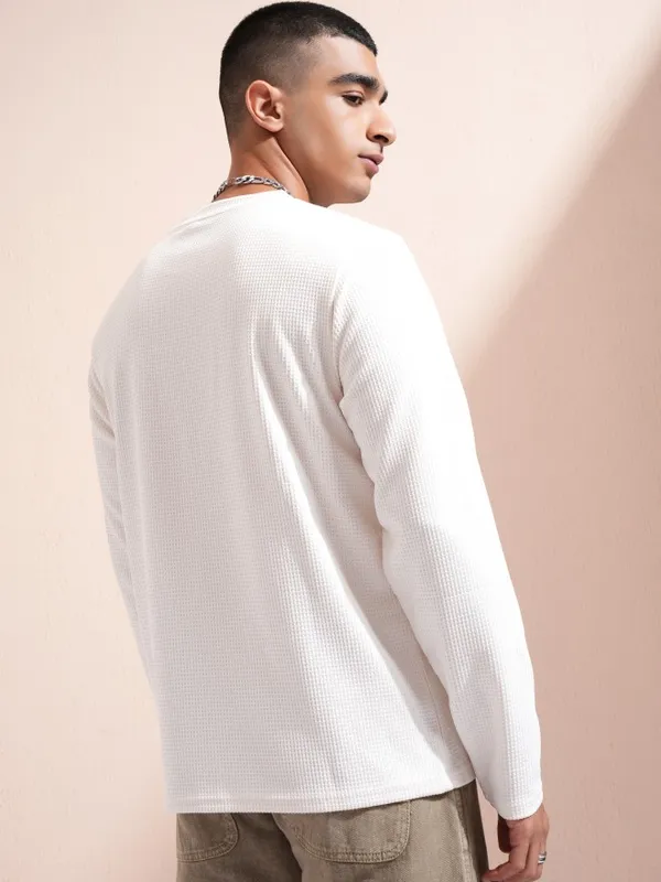 Highlander Men Off White Self Design Round Neck Relaxed Fit T-Shirt