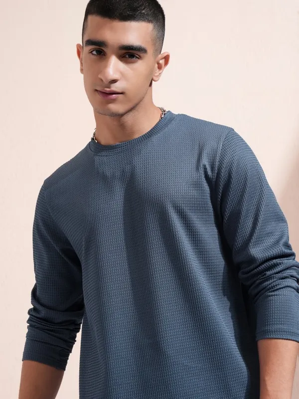 Highlander Men Blue Self Design Round Neck Relaxed Fit T-Shirt