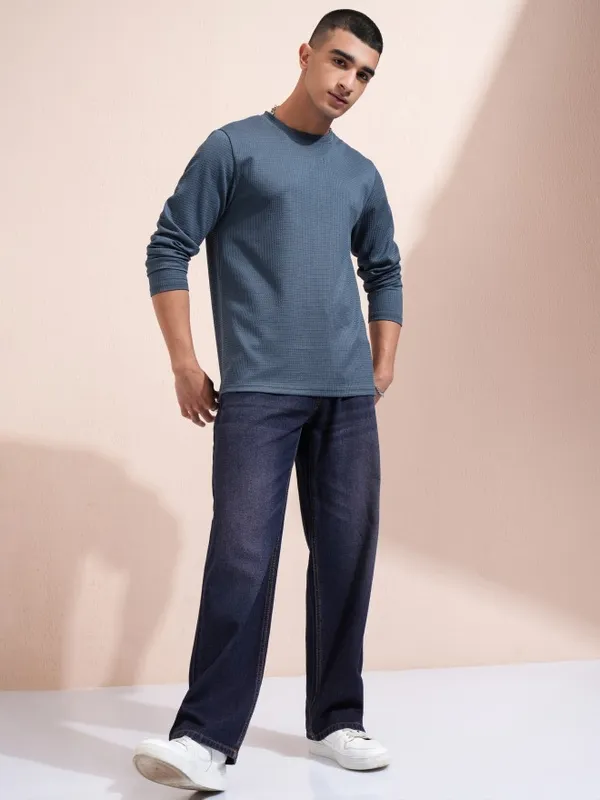 Highlander Men Blue Self Design Round Neck Relaxed Fit T-Shirt