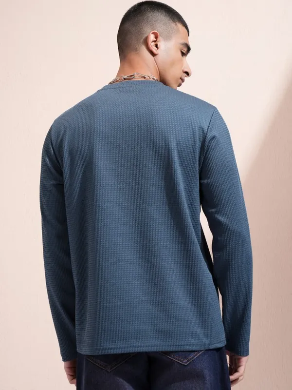 Highlander Men Blue Self Design Round Neck Relaxed Fit T-Shirt