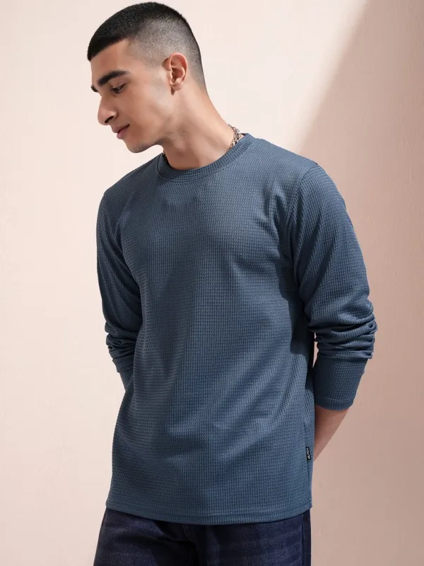 Highlander Men Blue Self Design Round Neck Relaxed Fit T-Shirt