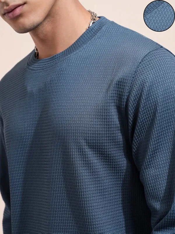 Highlander Men Blue Self Design Round Neck Relaxed Fit T-Shirt