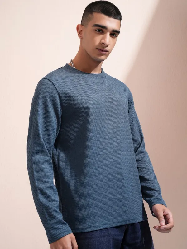 Highlander Men Blue Self Design Round Neck Relaxed Fit T-Shirt