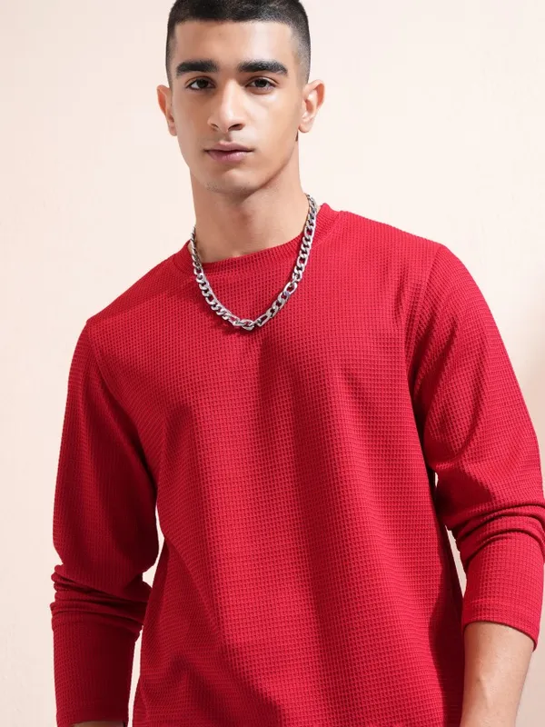 Highlander Men Red Self Design Round Neck Relaxed Fit T-Shirt