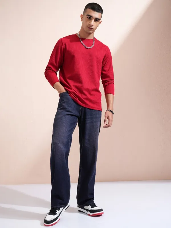 Highlander Men Red Self Design Round Neck Relaxed Fit T-Shirt