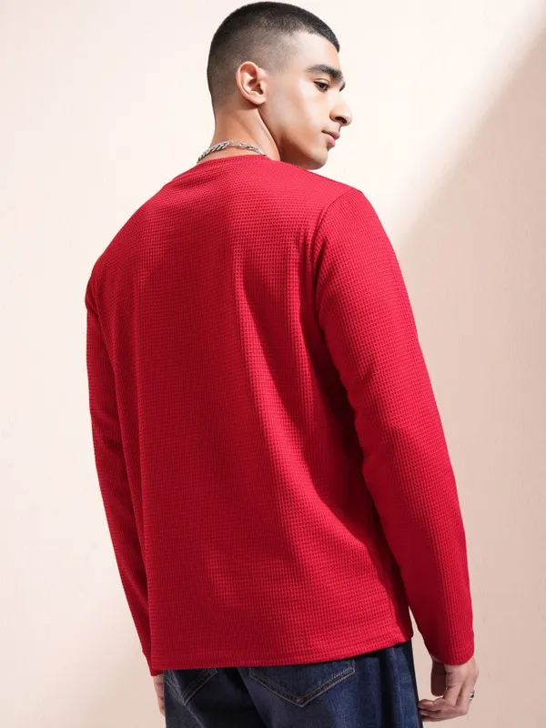 Highlander Men Red Self Design Round Neck Relaxed Fit T-Shirt