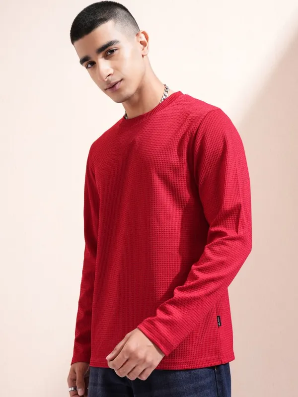 Highlander Men Red Self Design Round Neck Relaxed Fit T-Shirt