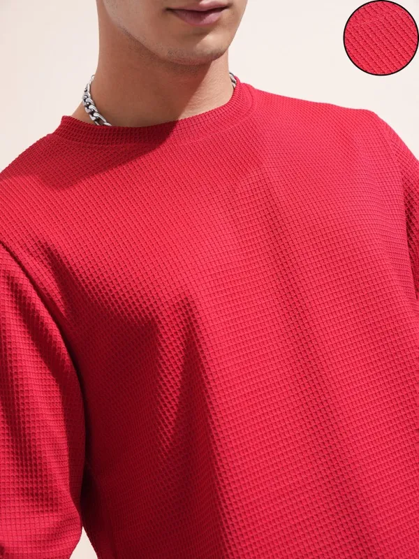 Highlander Men Red Self Design Round Neck Relaxed Fit T-Shirt