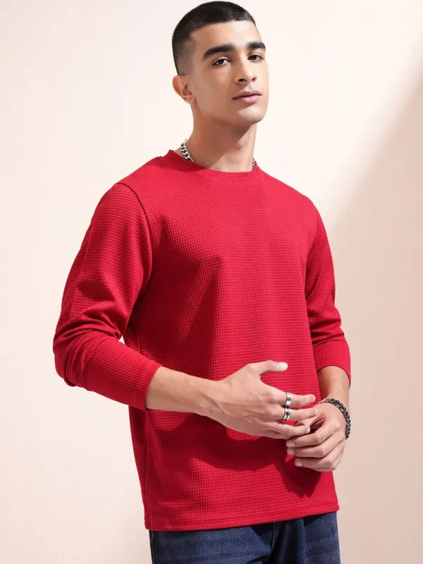 Highlander Men Red Self Design Round Neck Relaxed Fit T-Shirt
