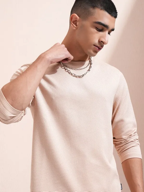 Highlander Men Beige Self Design Round Neck Relaxed Fit T-Shirt