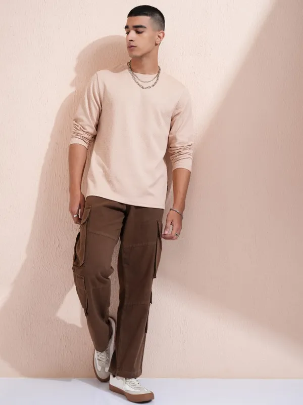 Highlander Men Beige Self Design Round Neck Relaxed Fit T-Shirt