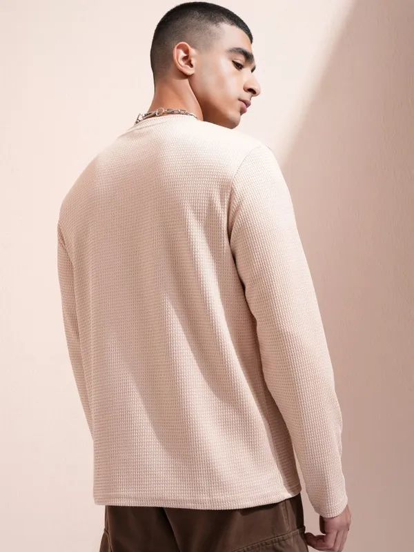 Highlander Men Beige Self Design Round Neck Relaxed Fit T-Shirt