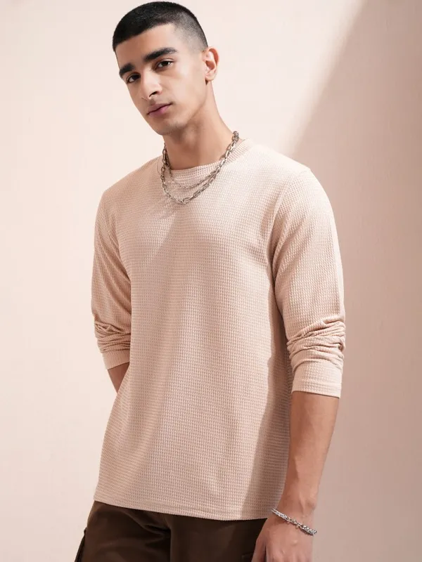 Highlander Men Beige Self Design Round Neck Relaxed Fit T-Shirt