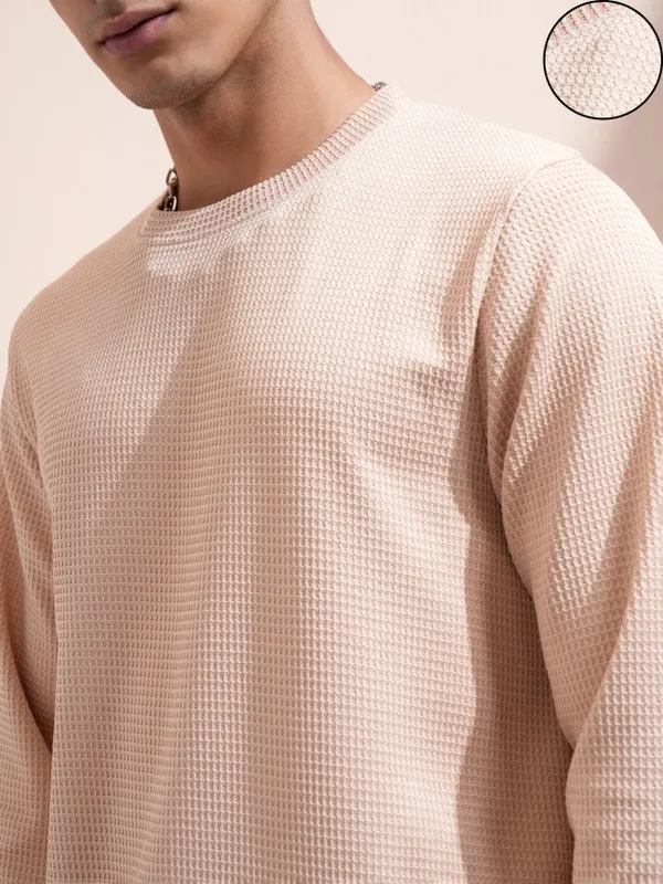 Highlander Men Beige Self Design Round Neck Relaxed Fit T-Shirt