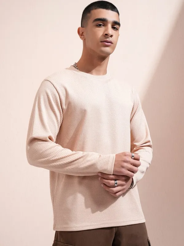 Highlander Men Beige Self Design Round Neck Relaxed Fit T-Shirt
