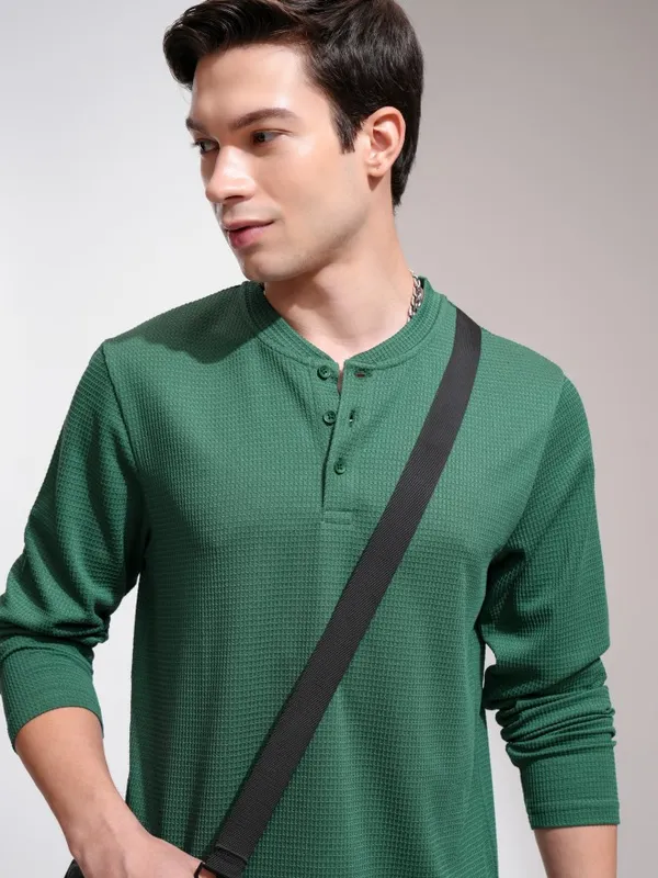 Highlander Men Teal Self Design Henley Neck Relaxed Fit T-Shirt
