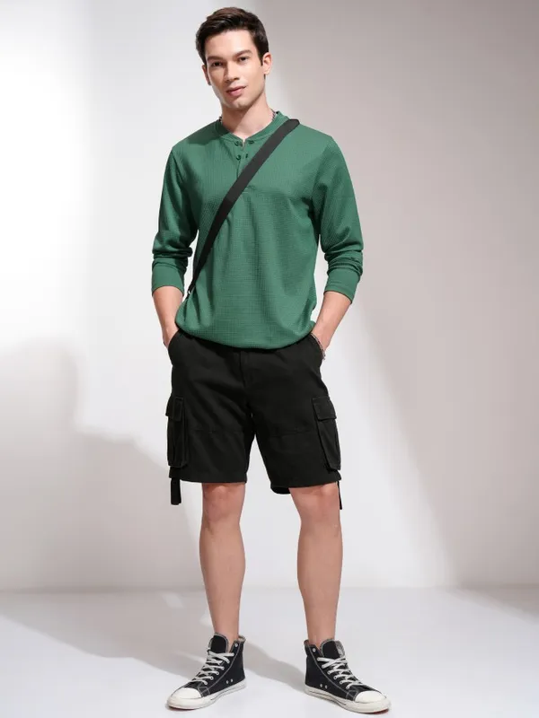 Highlander Men Teal Self Design Henley Neck Relaxed Fit T-Shirt