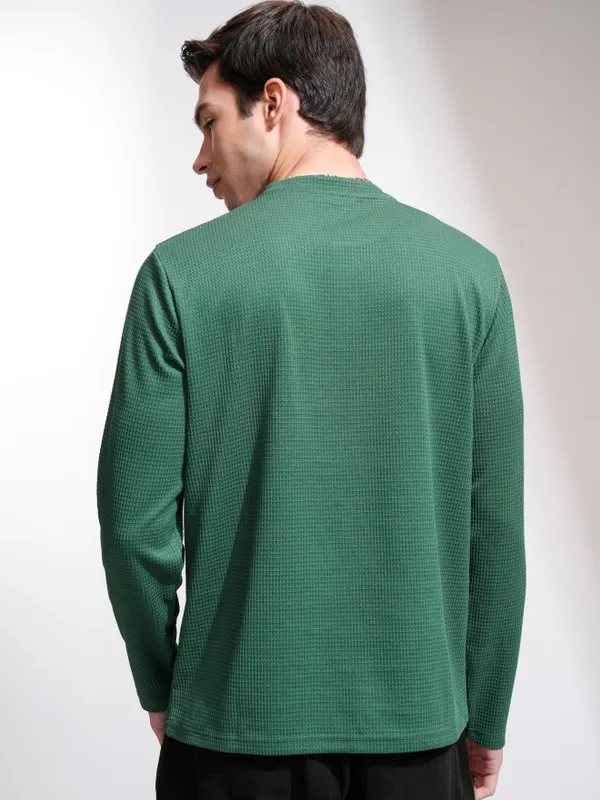 Highlander Men Teal Self Design Henley Neck Relaxed Fit T-Shirt