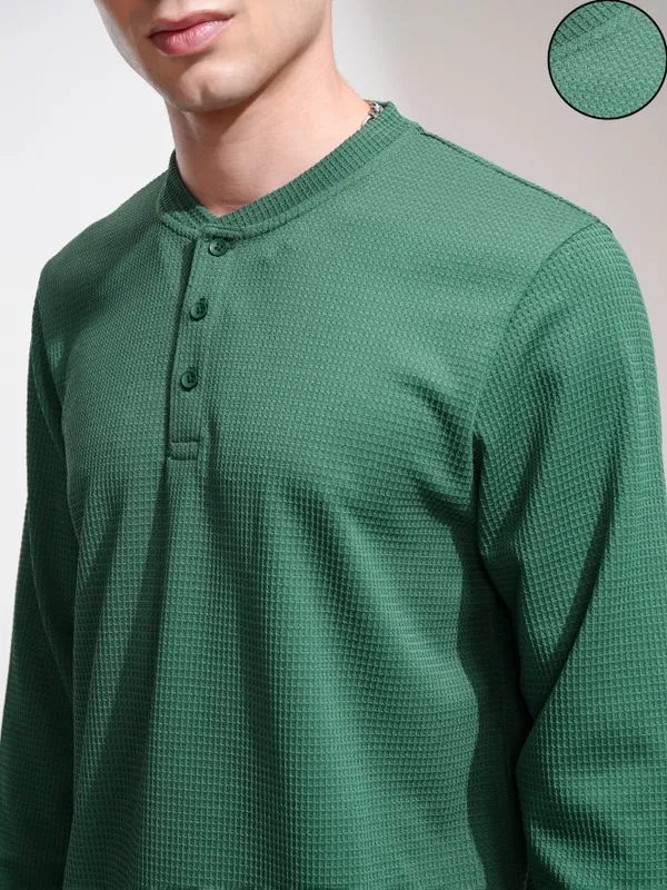 Highlander Men Teal Self Design Henley Neck Relaxed Fit T-Shirt
